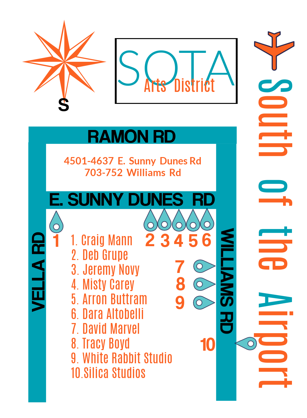 SOTA Arts District map showing artist locations around E. Sunny Dunes Rd, Williams Rd, Vella Rd, and Ramon Rd in Palm Springs