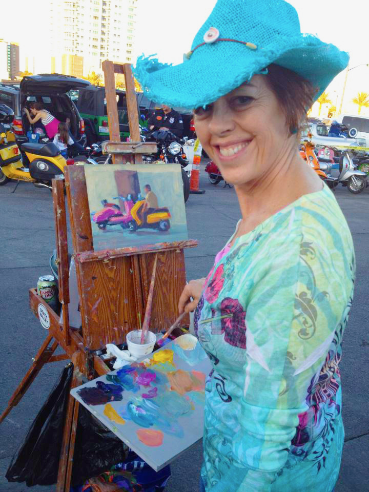 Kathleen Strukoff painting en plein air in a turquoise hat