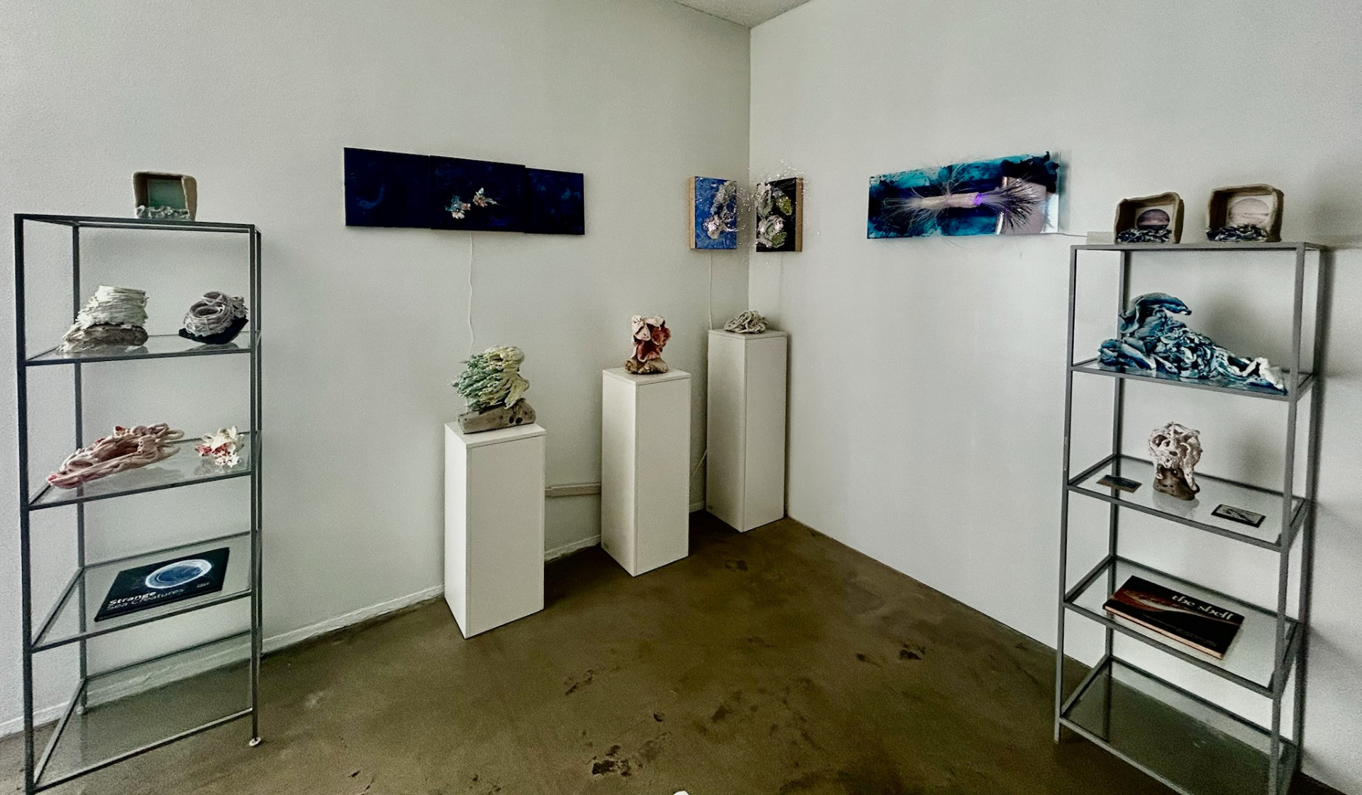 Inside the White Rabbit Gallery — ceramic sculptures on pedestals and shelves with blue paintings