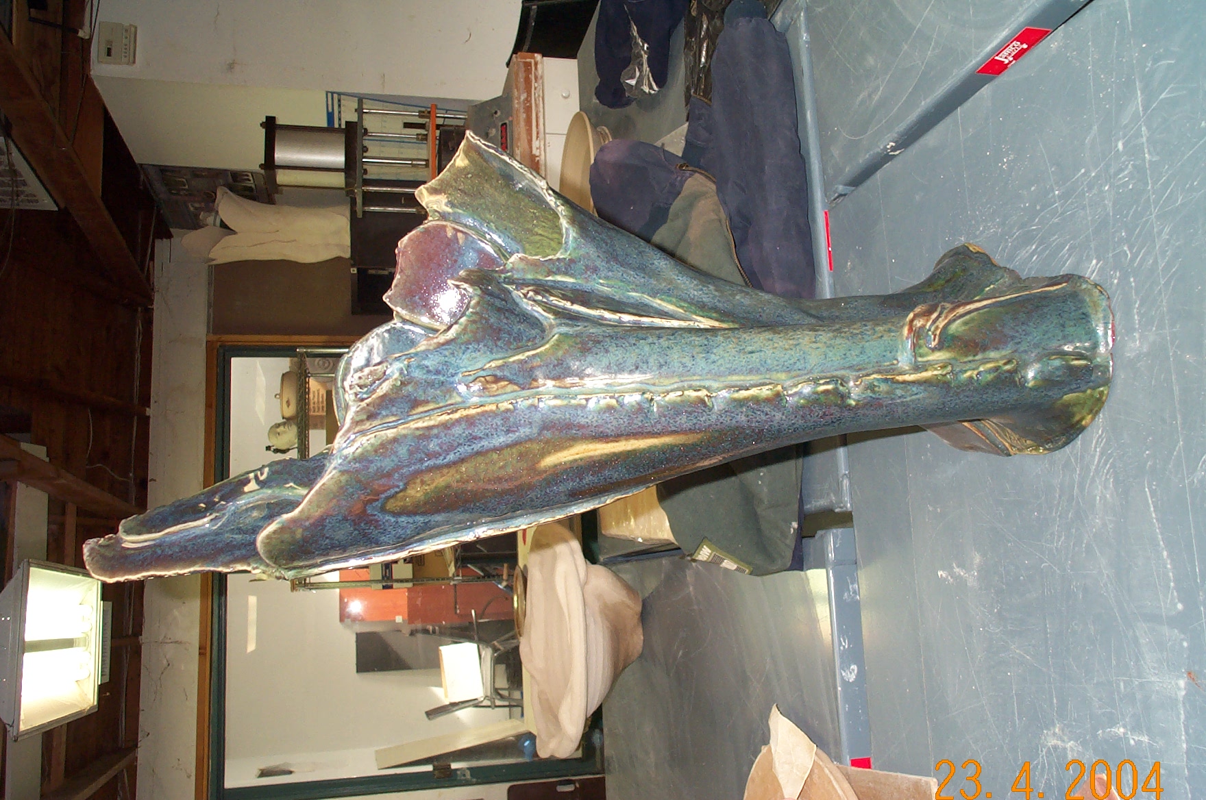 Blue and green flame-form sculptural vessel